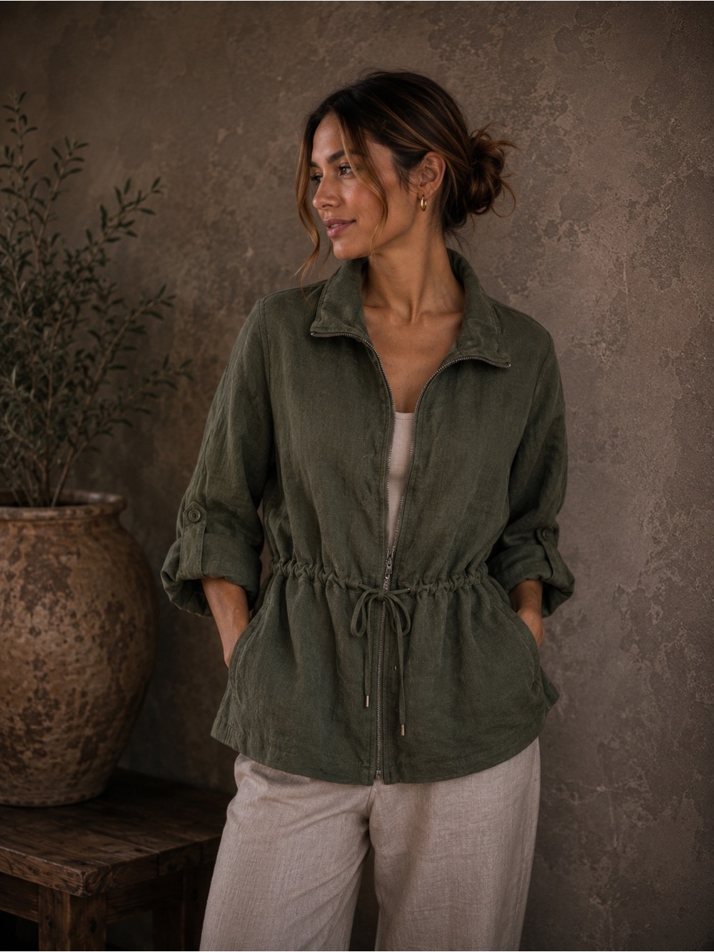 Christopher + Banks Linen Blend Olive Green Zip Tie Jacket Large